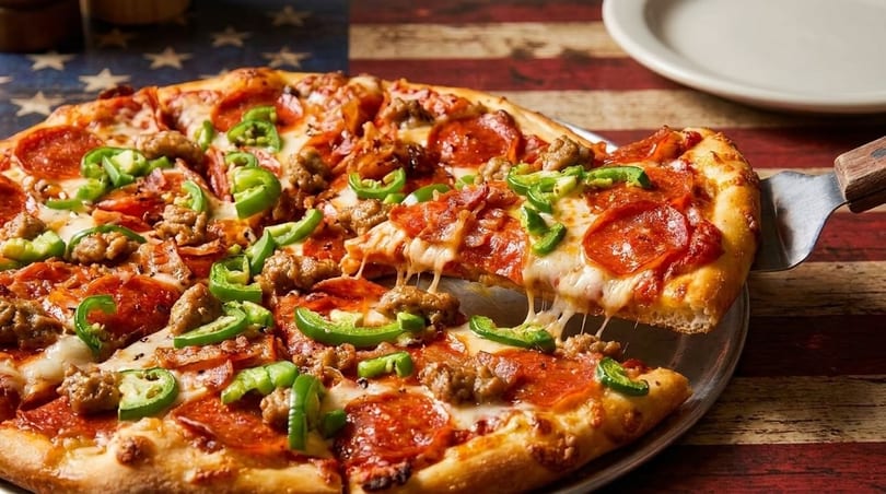 A slice of pepperoni, sausage, and jalapeño pizza being lifted from a whole pizza.